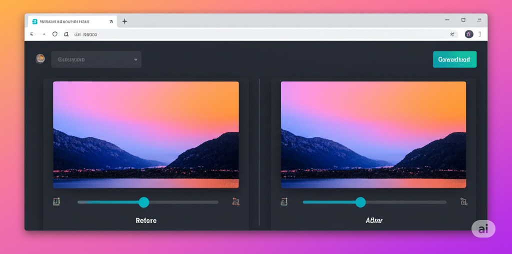 "A modern browser window showing an image compression tool with before/after sliders, colorful interface, and a ‘Download’ button, digital art style."