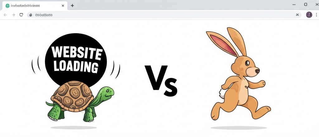 A side-by-side comparison of website loading speeds, with a tortoise (slow) vs. rabbit (fast), cartoon style.
