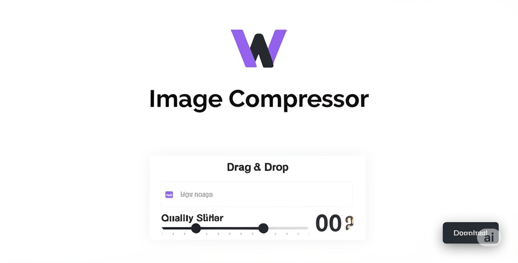 A screenshot mockup of WordPowerWeb’s image compressor with labels like ‘Drag & Drop’ and ‘Quality Slider’, minimalist UI.