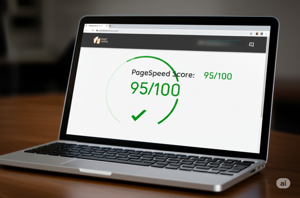 A laptop showing a ‘PageSpeed Score: 95/100’ with a green checkmark, realistic